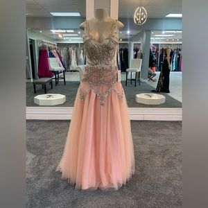 Size 8. full tulle gown. 2toned baby pink and nude. low back. embellished silver
